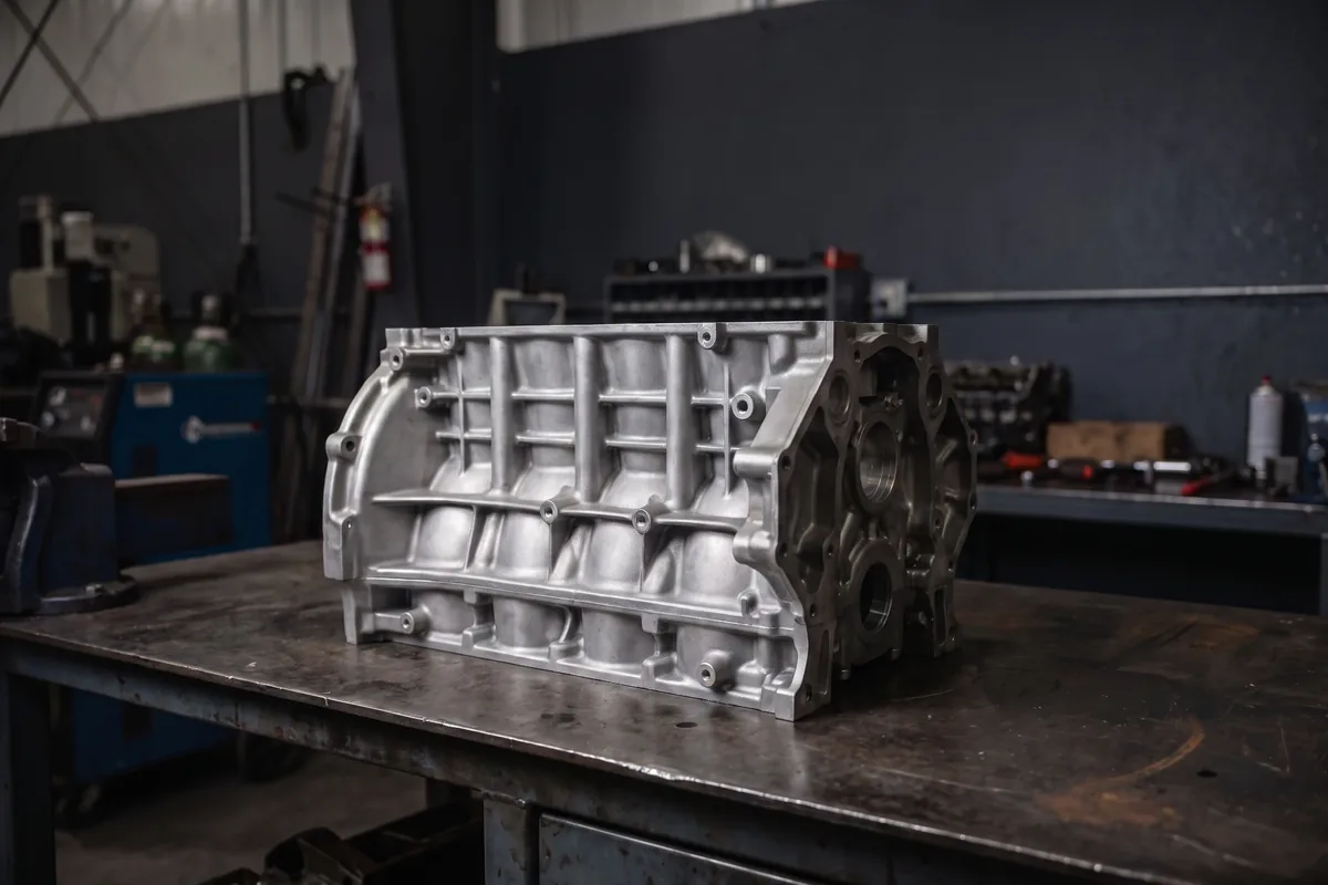 Same engine block with clean bright aluminum after laser degreasing