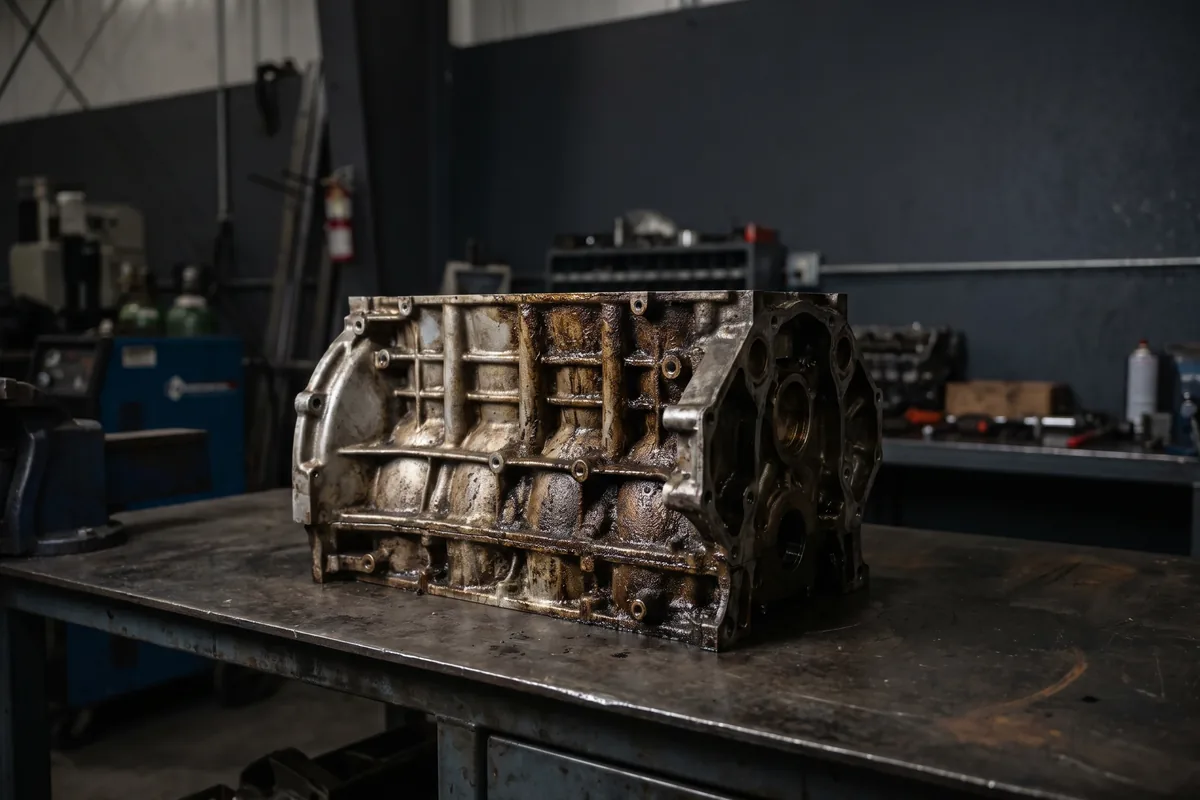 Aluminum V8 engine block caked in baked-on grease before laser cleaning