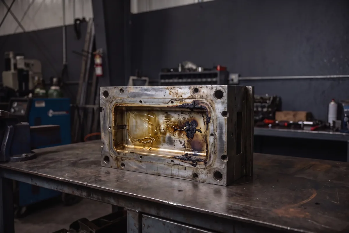 Injection mold cavity fouled with resin residue before laser cleaning