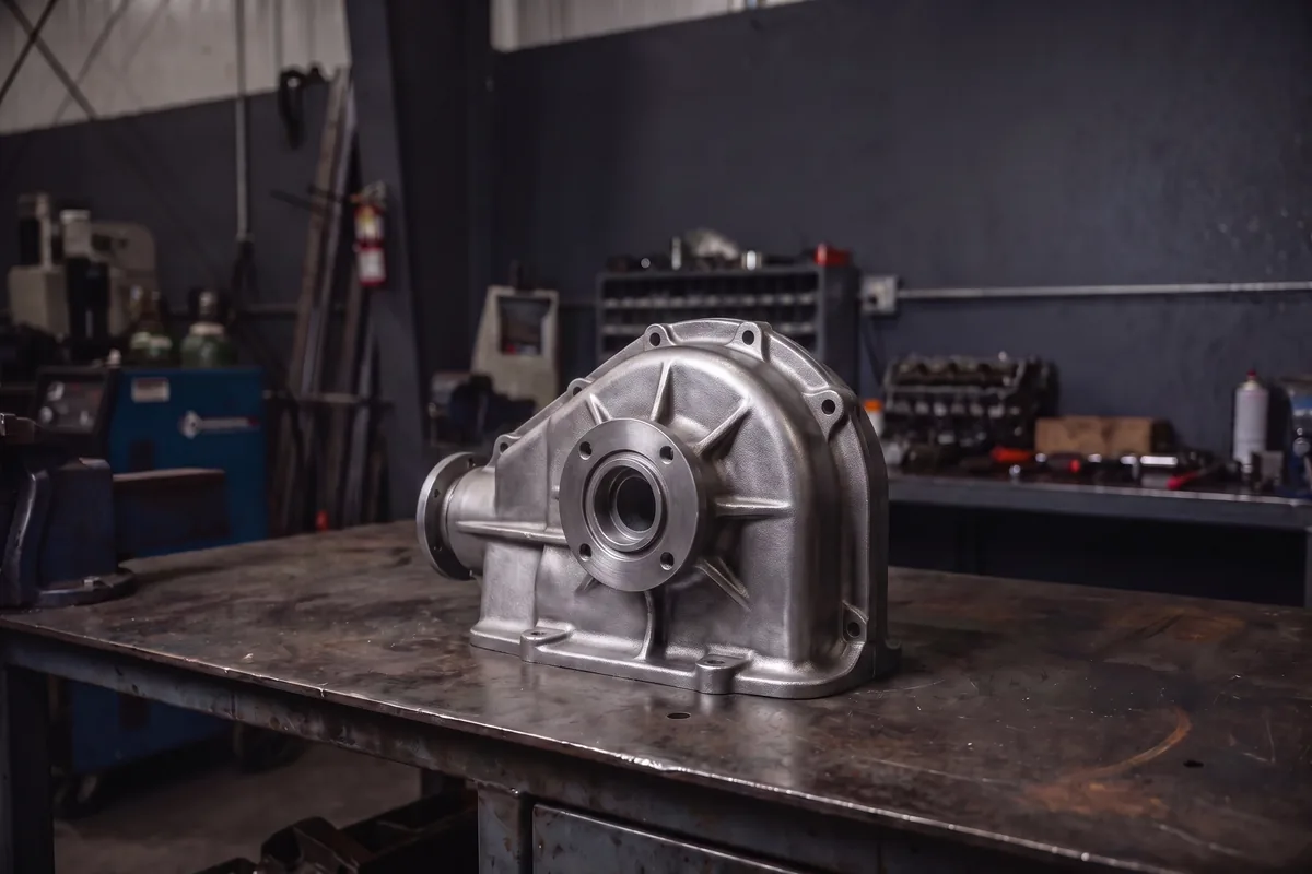 Same gear housing restored to clean bare metal after laser rust removal