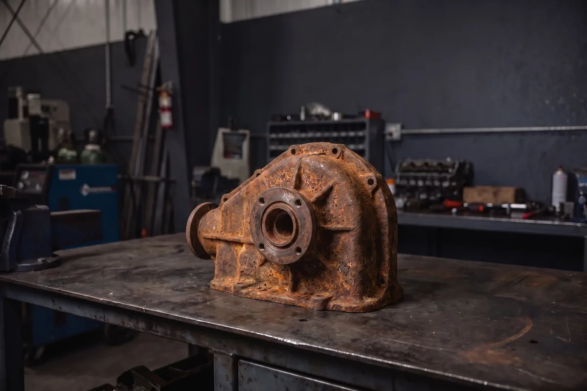 Rusted cast iron gear housing before laser rust removal