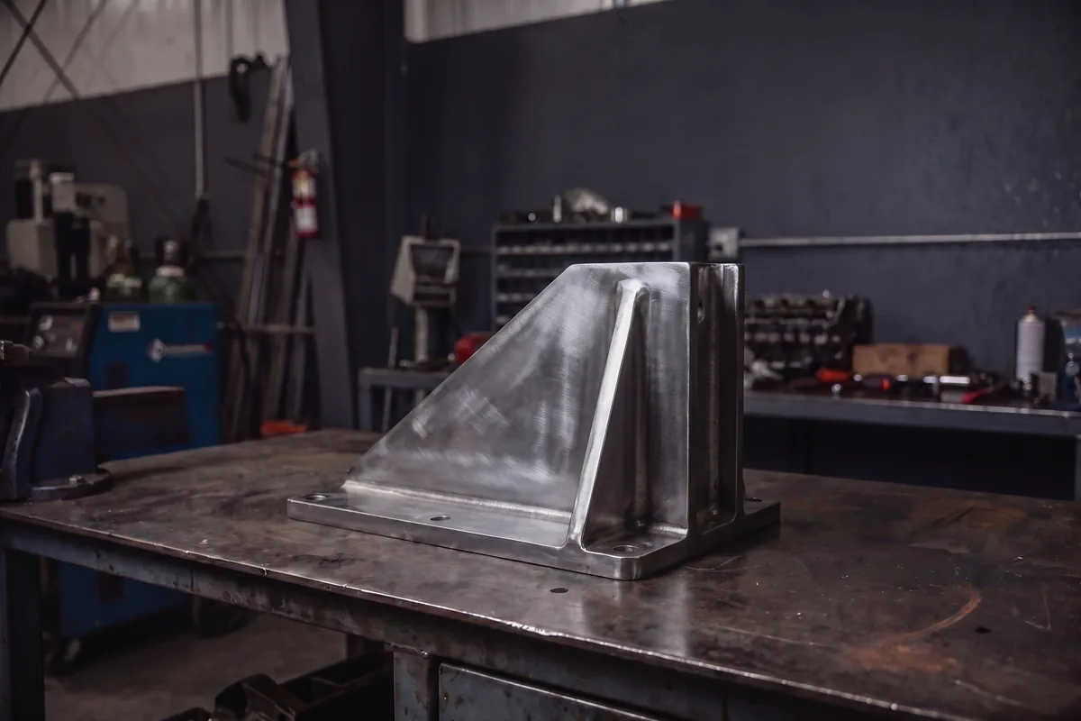 Same steel bracket stripped to clean bare metal after laser coating removal