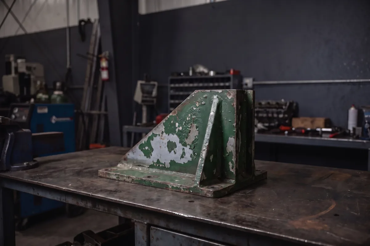 Steel bracket covered in flaking green industrial paint before laser stripping