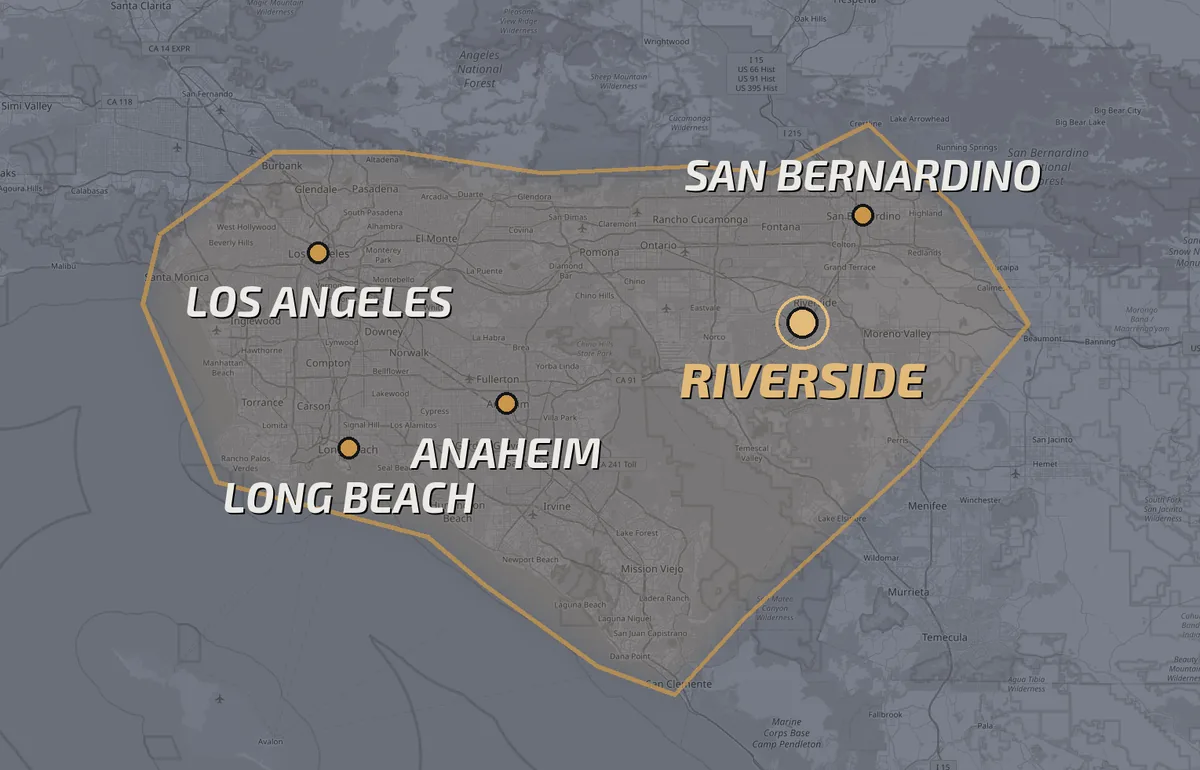 Map of the Restotecs laser cleaning service area covering Ontario and surrounding Southern California